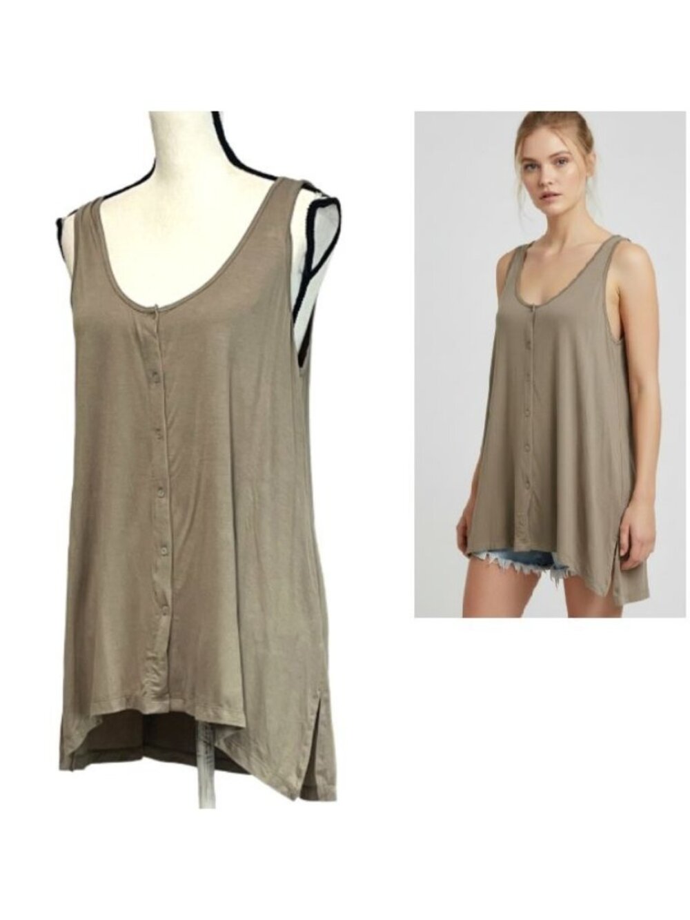 Industry Republic Clothing Women’s Button Down, High-low Swing Tank Top Olive, L
